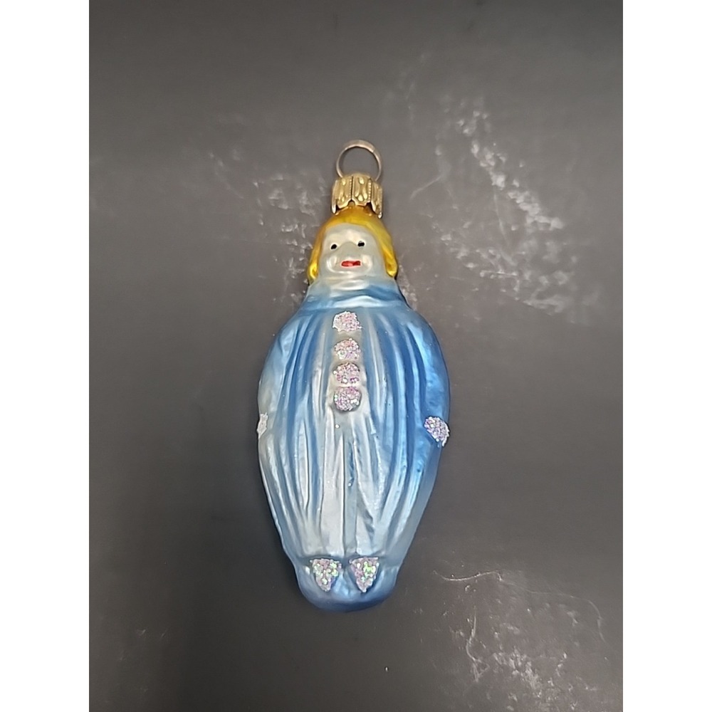 Vintage German‎ Blown Glass Clown Christmas Ornamemt In Blue W/ Glittery Buttons